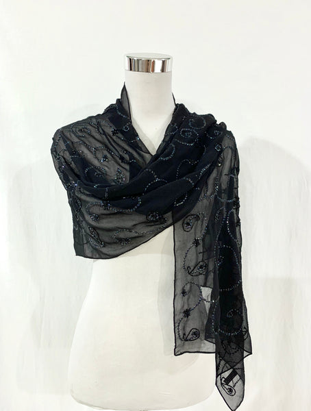 Beaded Georgette Black Shawl - Colour Cocoon