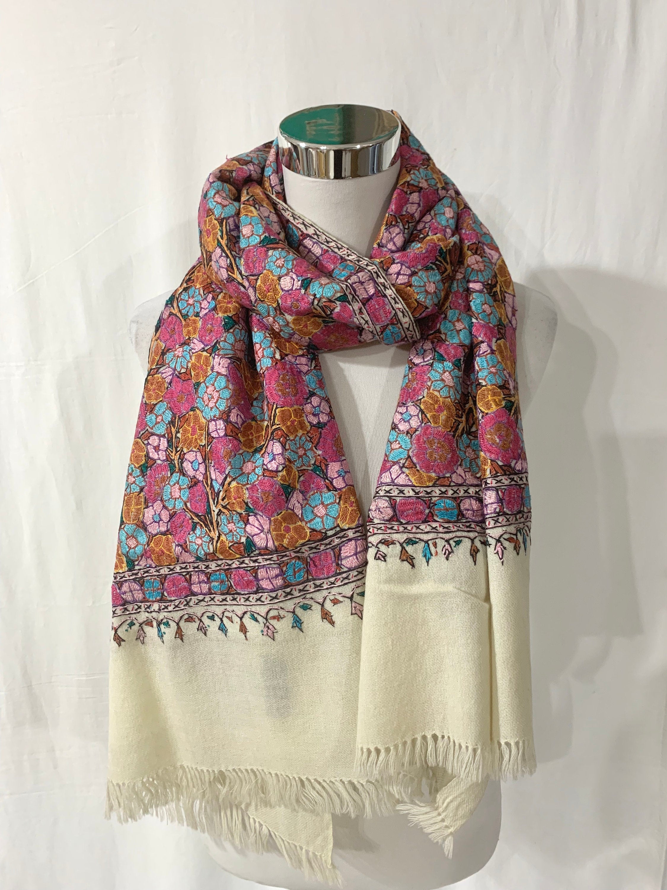 Cream base multi coloured wool shawl, Total hand embroidered