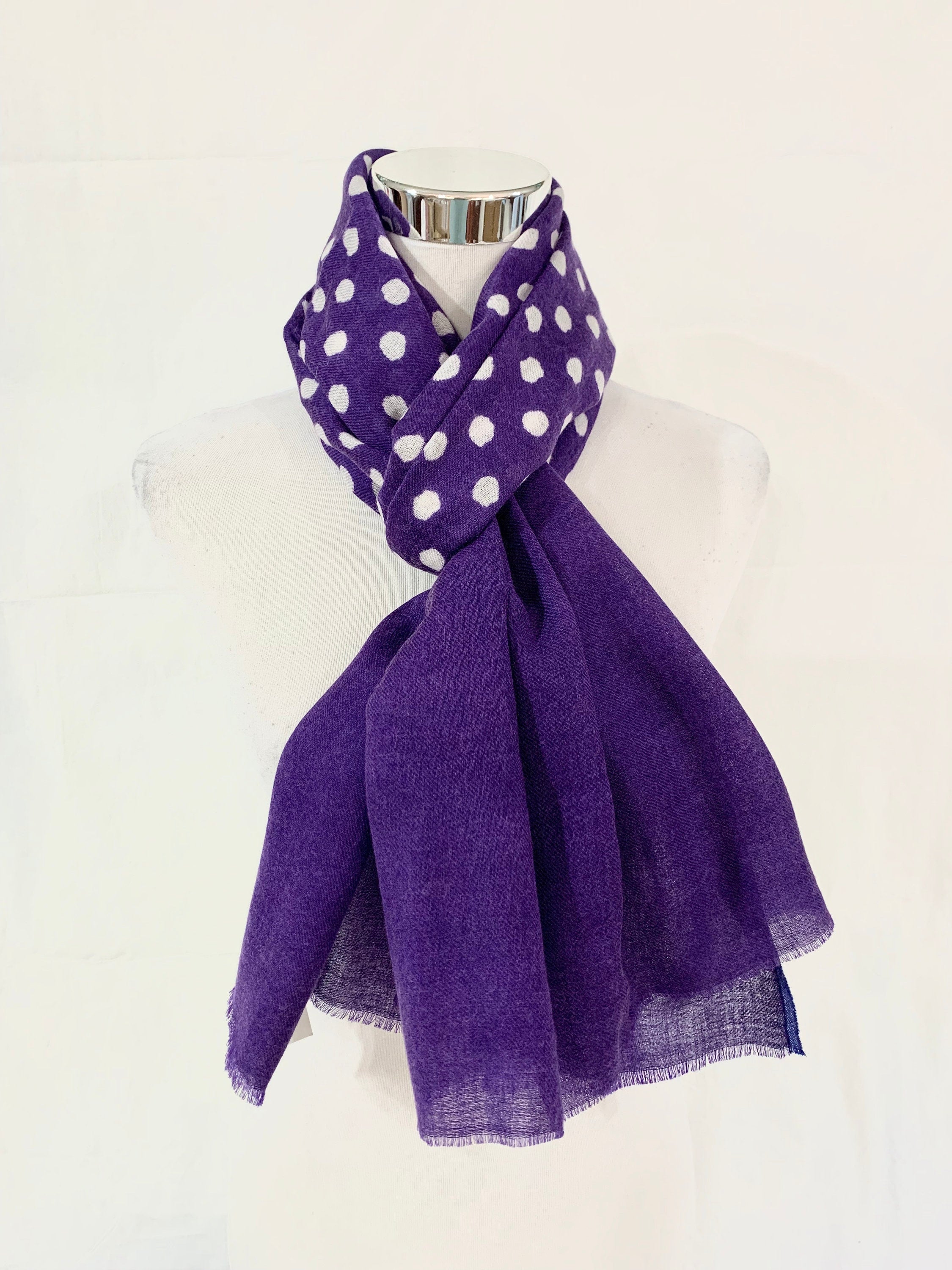 Purple silk wool scarf, purple polka dot scarf, fashion scarf, Her