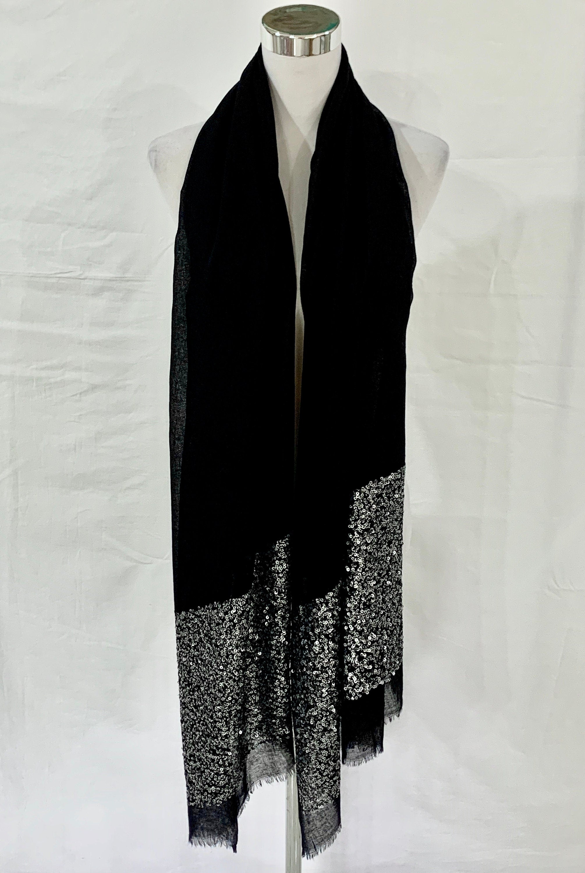 Black n silver silk wool sequins wrap, hand embroidered sequins shawl, -  Colour Cocoon