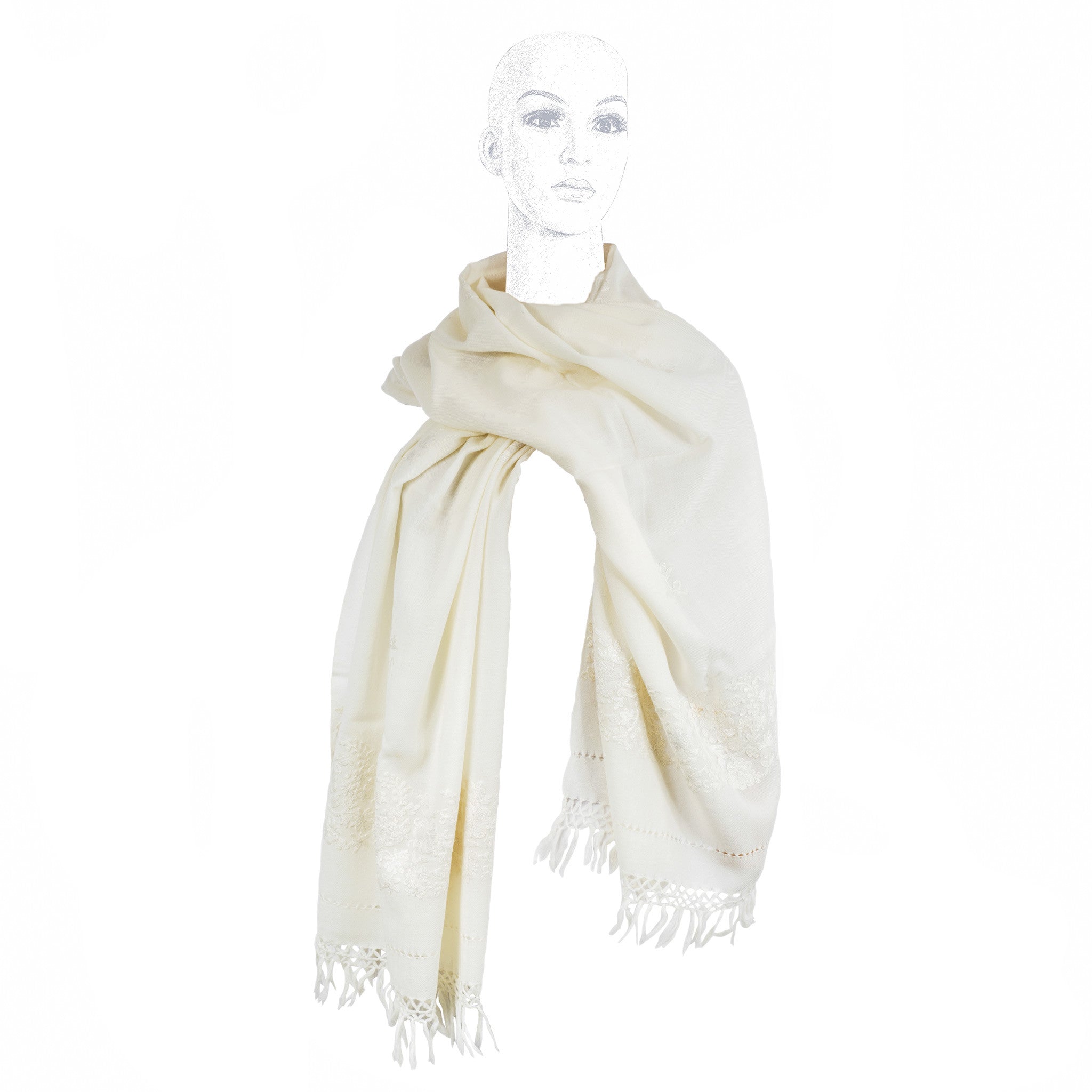 Embroidered Wool Floral Cream Shawl - Colour Cocoon